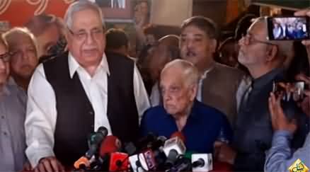 Ex military officers' press conference outside Zaman Park after meeting with Imran Khan