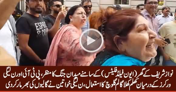 Extreme Fight Between PTI & PMLN Workers In Front of Nawaz Sharif's Residence in London