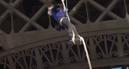 A French female athlete sets world record for rope climbing at Eiffel Tower
