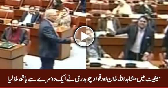 Handshake Between Fawad Chaudhry And Mushahid Ullah Khan in Senate