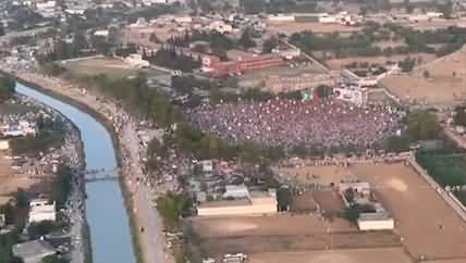 Imran Khan having a look at Swabi Jalsagah from Helicopter