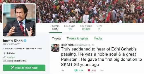Imran Khan's Tweets on The Sad News of Abdul Sattar Edhi's Death
