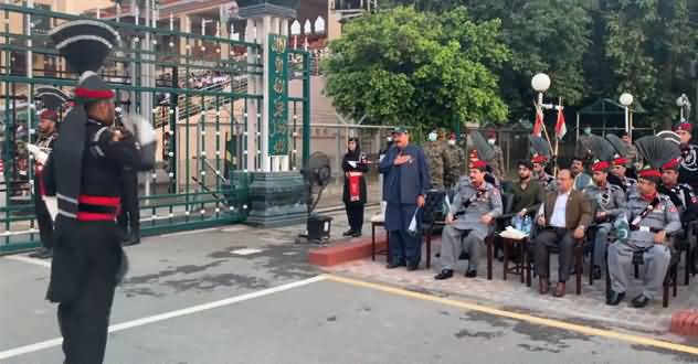 Interior Minister Sheikh Rasheed Ahmad Observes Parade At Wagah Border Lahore