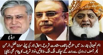 Ishaq Dar led PMLN delegation meets Fazal ur Rehman, Asif Ali Zardari late night