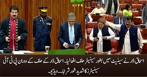 Ishaq Dar takes oath as Senator, PTI senators protest during the swearing-in of Ishaq Dar