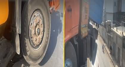 Karachi: High-speed trailer hangs on Sher Shah bridge