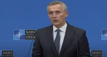 NATO's Secretary-General Jens Stoltenberg speaks to the press after Russia launched an attack on Ukraine
