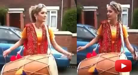 Pakistani Punjabi Girl Beating Drum (Dhol) in UK on An English Song