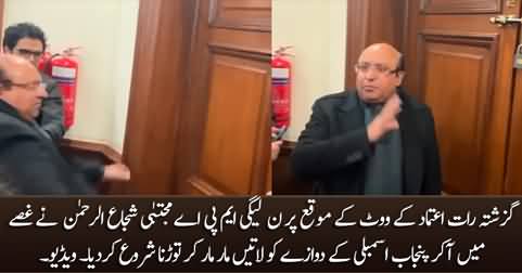 Angry PMLN MPA Mujtaba Shuja trying to break Punjab assembly door with his legs in VOC session