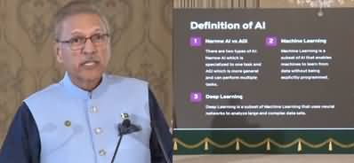 President Arif Alvi shows the presentation which he made with ChatGPT