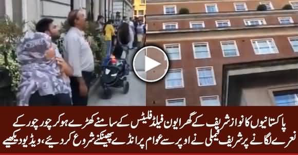 Sharif Family Throwing Eggs on Protesters Outside the Avenfield Apartments