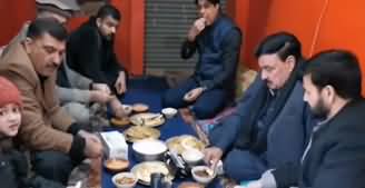 Sheikh Rasheed Having Breakfast With Railway Staff in Peshawar