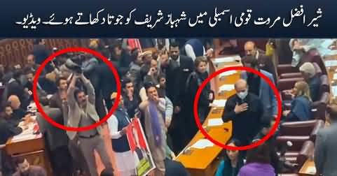 Sher Afzal Marwat showing his shoe to Shahbaz Sharif in National Assembly