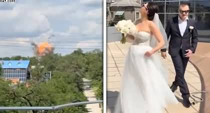 Ukrainian couple continues wedding photoshoot while drone crash in the background